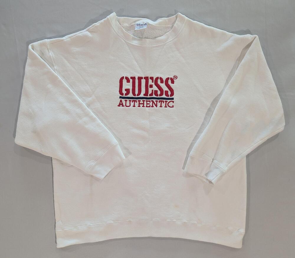 Vintage GUESS Sweatshirt Mens One Size White Fleece Pullover Logo USA Red